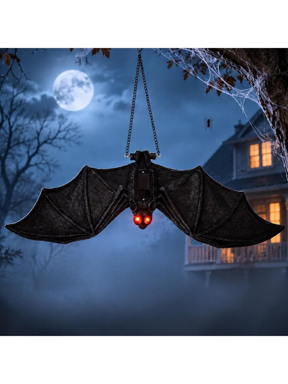 Large Solar Hanging Bat - 19.7'' Spooky Outdoor Halloween Decoration, Yard Art